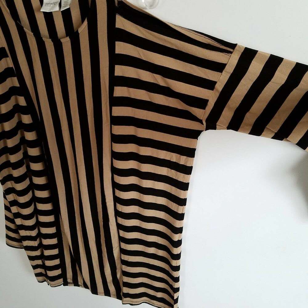 Chico’s Zenergy Women’s Tandy Cold Shoulder Tan Black Mixed Striped Tunic - Picture 5 of 10